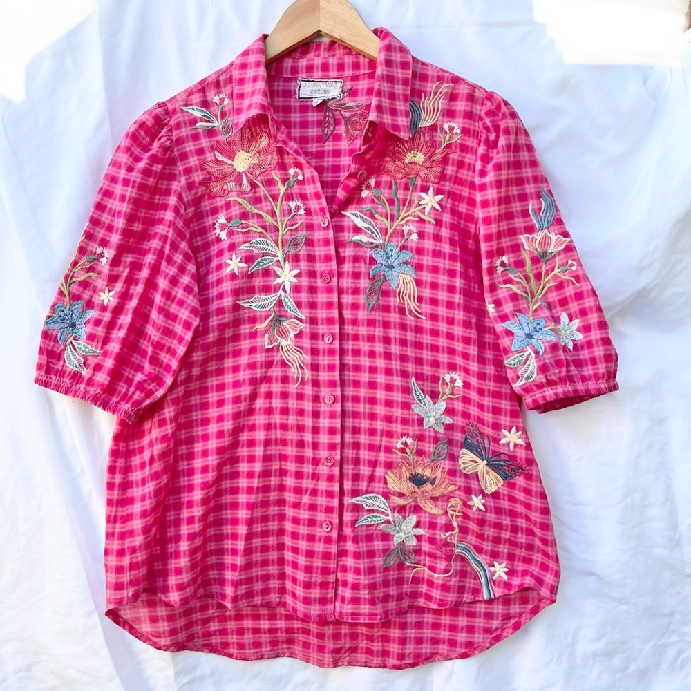 JOHNNY WAS | JORDAN LISBON SHIRT SMALL PINK EMBROIDERED PUFF SLEEVE BLOUSE - Picture 4 of 10